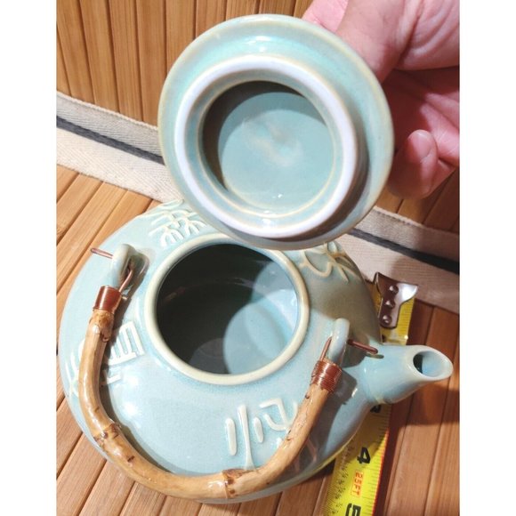 Vintage Mint Green Teapot Asian Japanese Chinese Archaic Calligraphy Writing - Picture 3 of 12